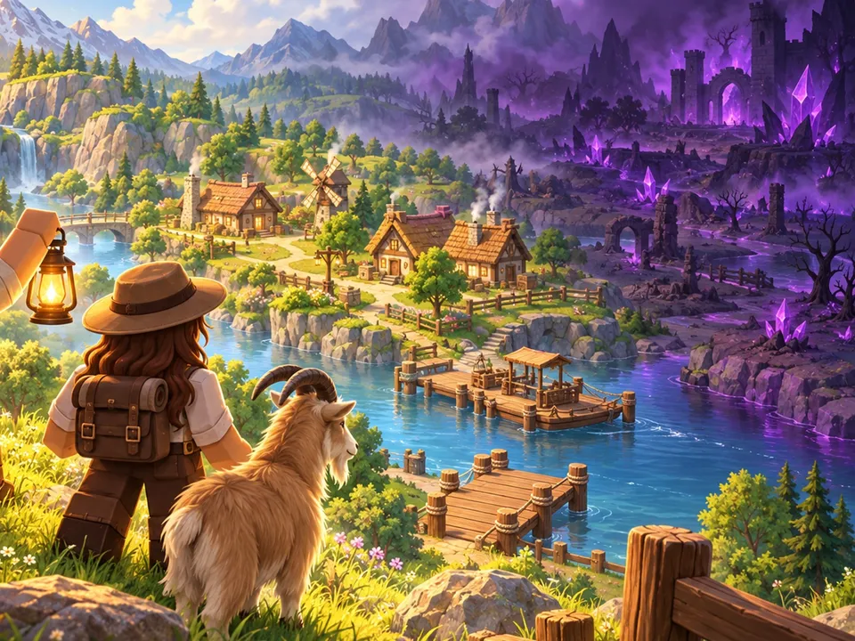 Two players with a fox and a goat look over a valley, half green and restored, half swallowed by purple Blight