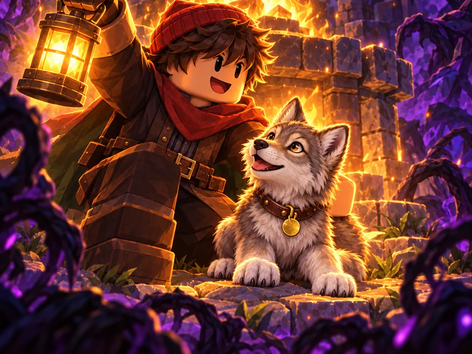 A player holds up a lantern beside a wolf pup at a blazing fire while Hollows lurk in the dark