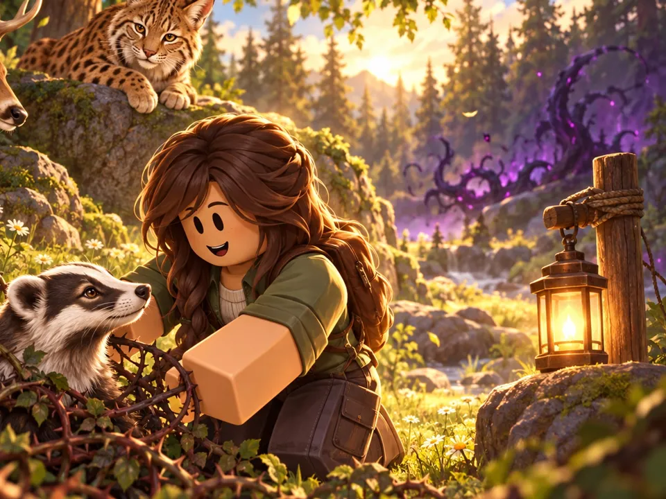 A player kneels to free a badger from thorny brambles while a deer and a bobcat look on