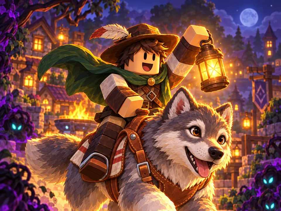 A player rides a big saddled wolf through a glowing settlement at dusk