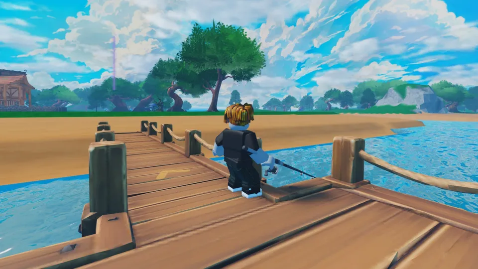 A player fishing from a wooden dock on the river