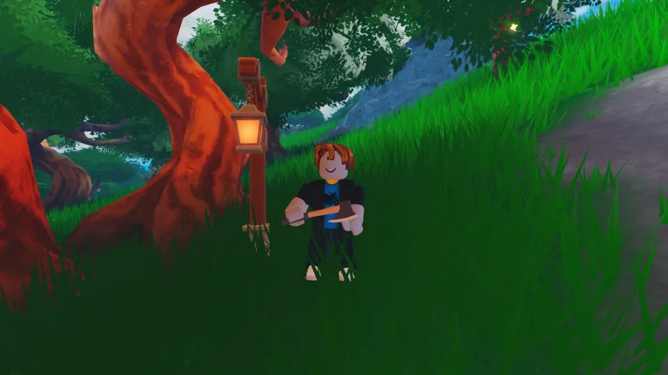 A player beside a lit lantern in the woods