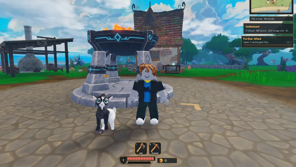 A player and a goat companion beside the Hearth in the settlement square